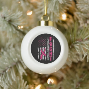 Breast Cancer Awareness USA Flag Ceramic Ball Christmas Ornament