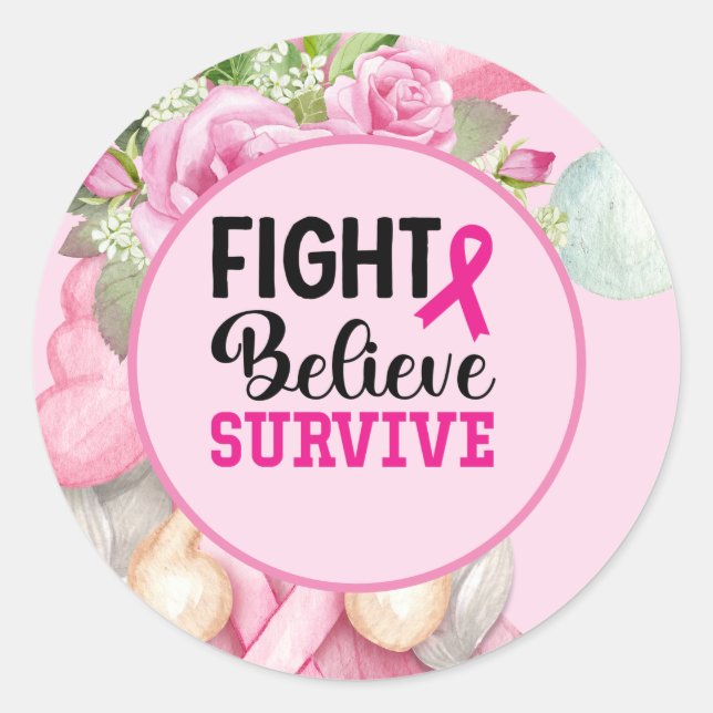 Breast Cancer Awareness with Pink Ribbon  Classic Round Sticker (Front)