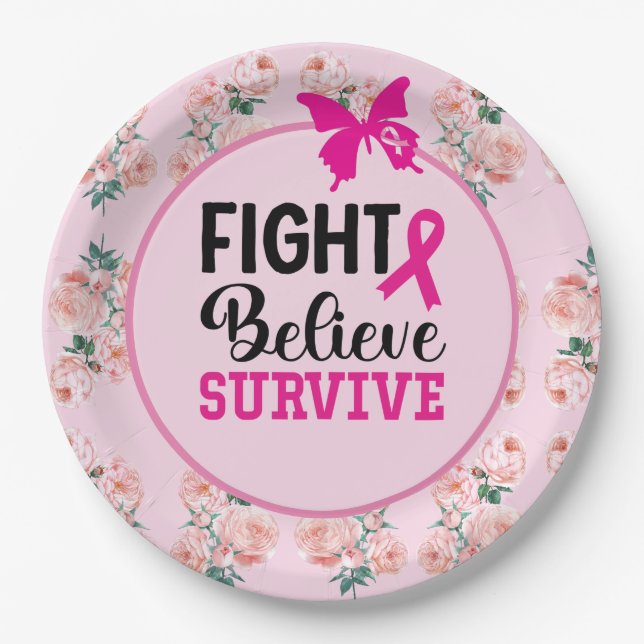 Breast Cancer Awareness with Pink Ribbon Paper Pla Paper Plate (Front)