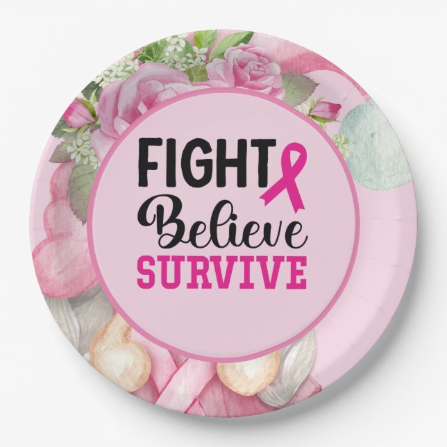 Breast Cancer Awareness with Pink Ribbon Paper Pla Paper Plate (Front)
