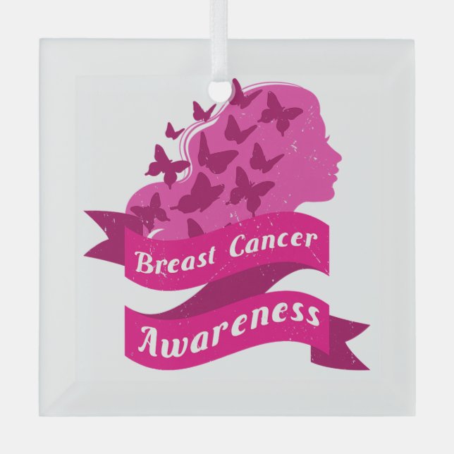 breast cancer awareness womens butterfly pink octo glass tree decoration (Front)