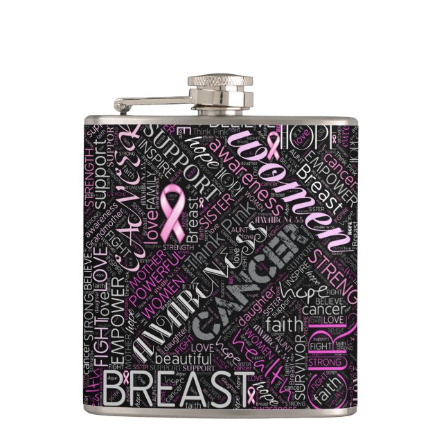 Breast Cancer Awareness Word Cloud ID261 Hip Flask (Front)
