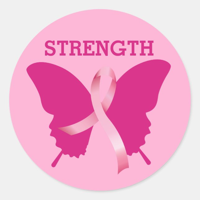 Breast Cancer Butterfly Pink Ribbon Strength Classic Round Sticker (Front)