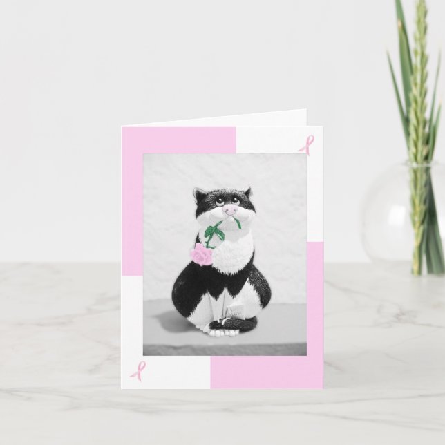 Breast Cancer Card Cat & Pink Rose; Pink Ribbons (Front)