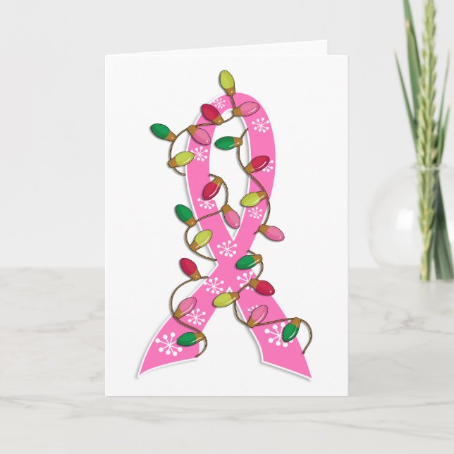 Breast Cancer Christmas Lights Ribbon Holiday Card (Front)