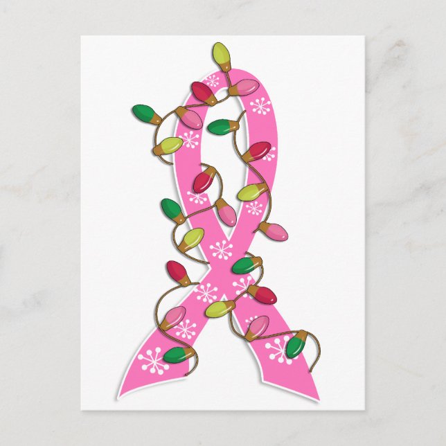 Breast Cancer Christmas Lights Ribbon Holiday Postcard (Front)