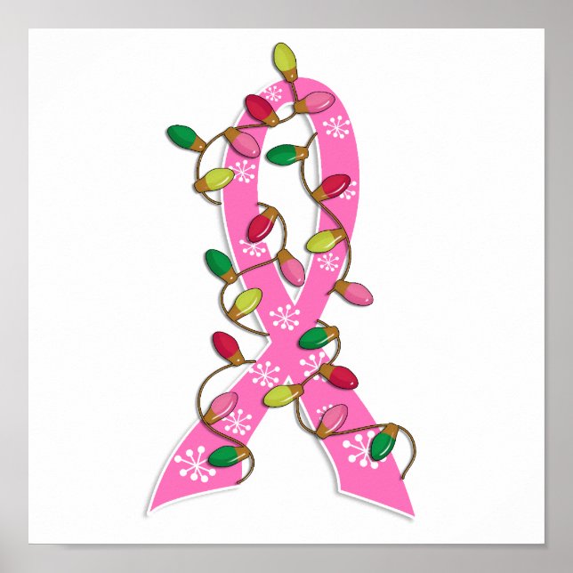 Breast Cancer Christmas Lights Ribbon Poster (Front)