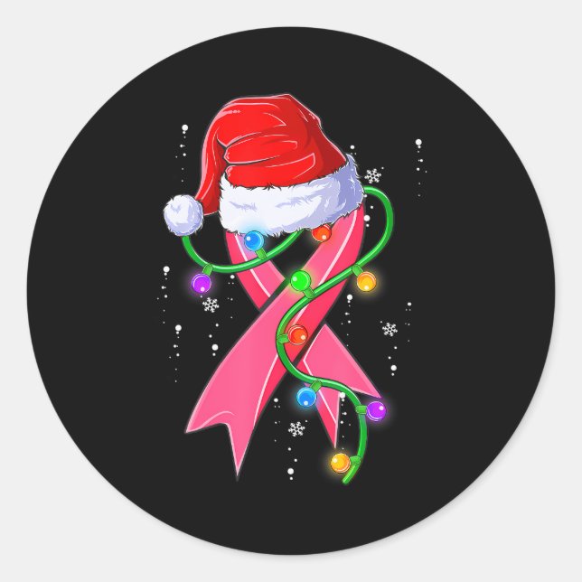 Breast Cancer Christmas Santa Hat Pink Ribbon Classic Round Sticker (Front)