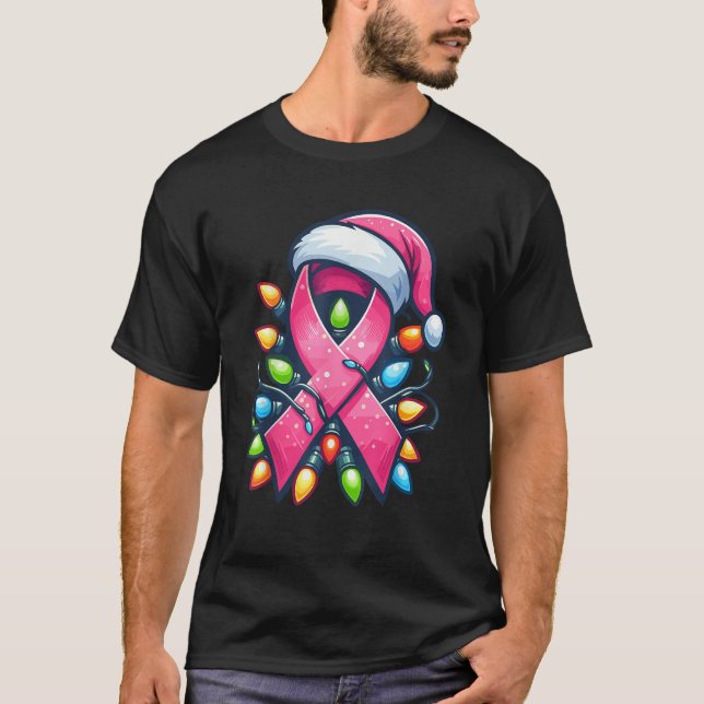 Breast Cancer Christmas Santa Hat Pink Ribbon Xmas T-Shirt (Front)
