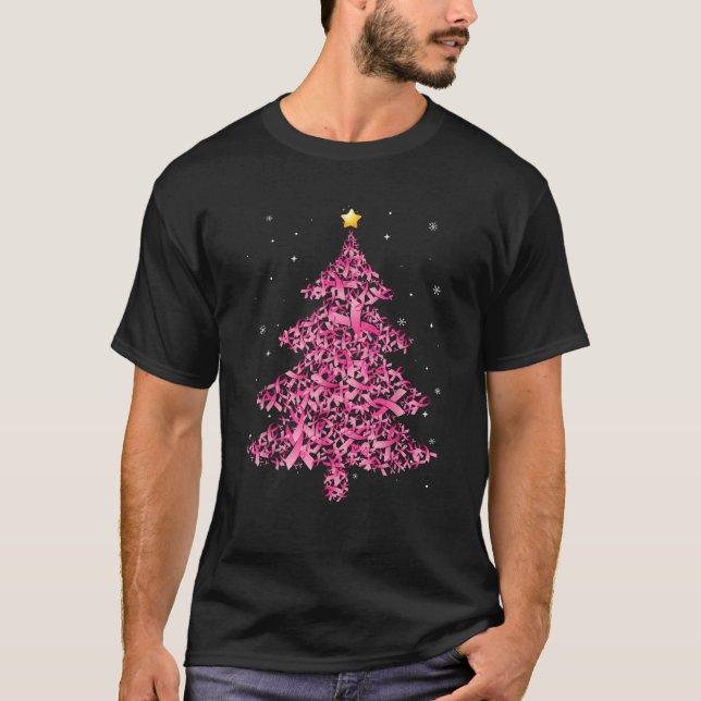 Breast Cancer Christmas Santa Hat Pink Ribbon Xmas T-Shirt (Front)