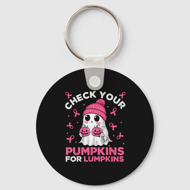 Breast Cancer Halloween Boo Ghost Check Your Pumpk Key Ring (Front)