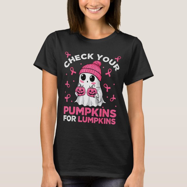 Breast Cancer Halloween Boo Ghost Check Your Pumpk T-Shirt (Front)