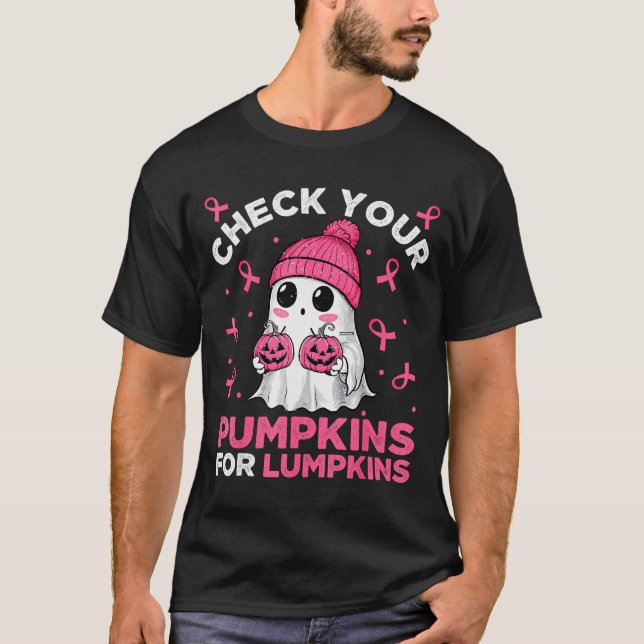 Breast Cancer Halloween Boo Ghost Check Your Pumpk T-Shirt (Front)