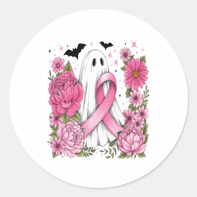 Breast Cancer Halloween Ghost Boho Classic Round Sticker (Front)