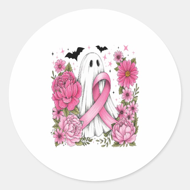Breast Cancer Halloween Ghost Boho Classic Round Sticker (Front)