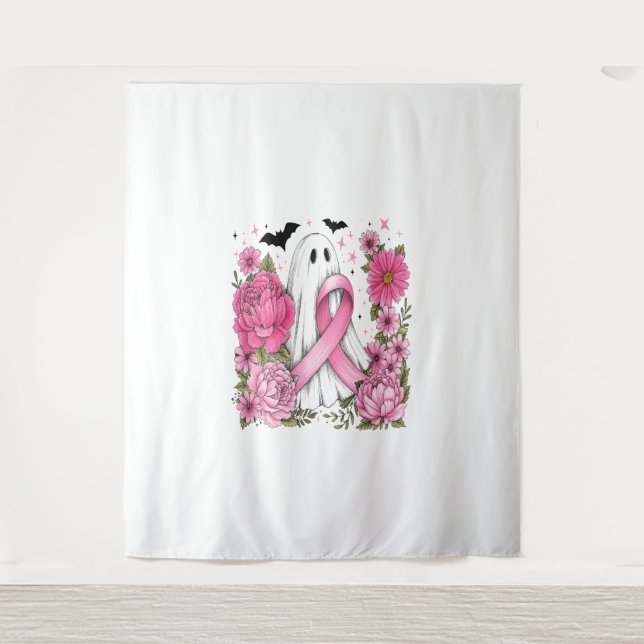 Breast Cancer Halloween Ghost Boho Tapestry (Front)