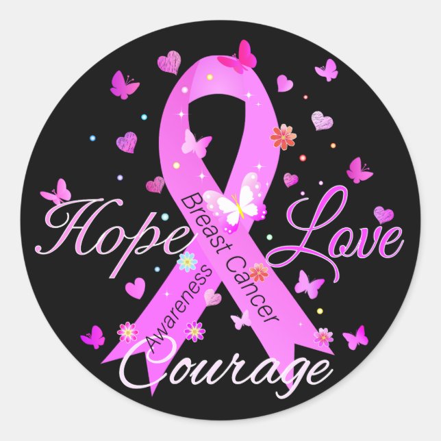 Breast Cancer Hope Love Courage Classic Round Sticker (Front)