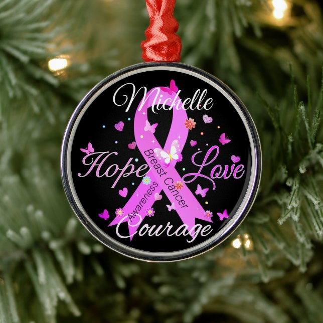 Breast Cancer Hope Love Courage Metal Ornament (Tree)
