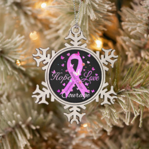 Breast Cancer Hope Love Courage Snowflake Pewter Christmas Ornament