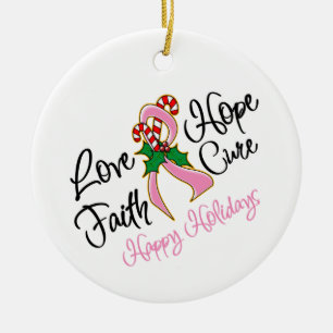 Breast Cancer Hope Love Cure Happy Holidays Ceramic Tree Decoration