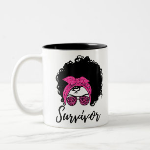 Breast Cancer Messy Bun Hair Pink Survivor Afro Bl Two-Tone Coffee Mug