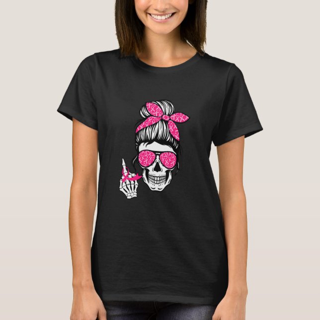 Breast Cancer Middle Finger Skeleton Pink Ribbon T-Shirt (Front)