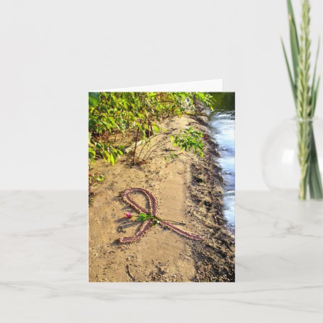 Breast Cancer Note Card-Pink ribbon in sand. Card (Front)