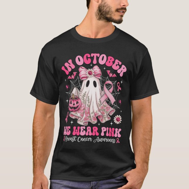 Breast Cancer Patchwork Floral Ghost In October We T-Shirt (Front)