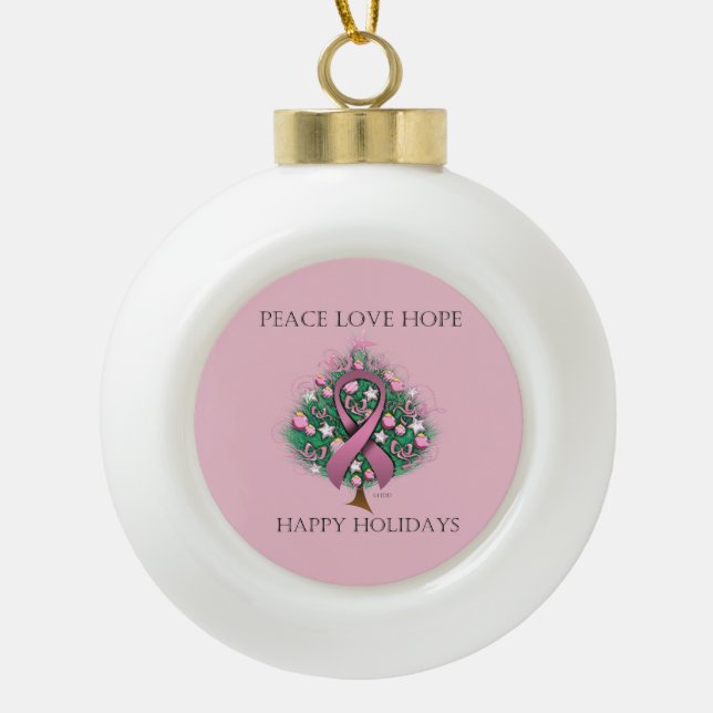 Breast Cancer Peace Love Hope Ceramic Ball Christmas Ornament (Front)