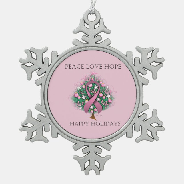 Breast Cancer Peace Love Hope Snowflake Pewter Christmas Ornament (Front)