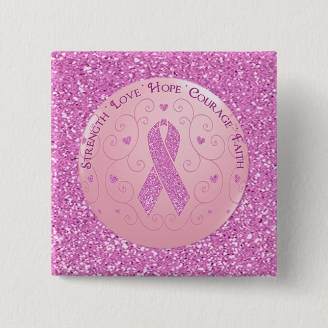 Breast Cancer Pink Ribbon Glitter Button (Front)