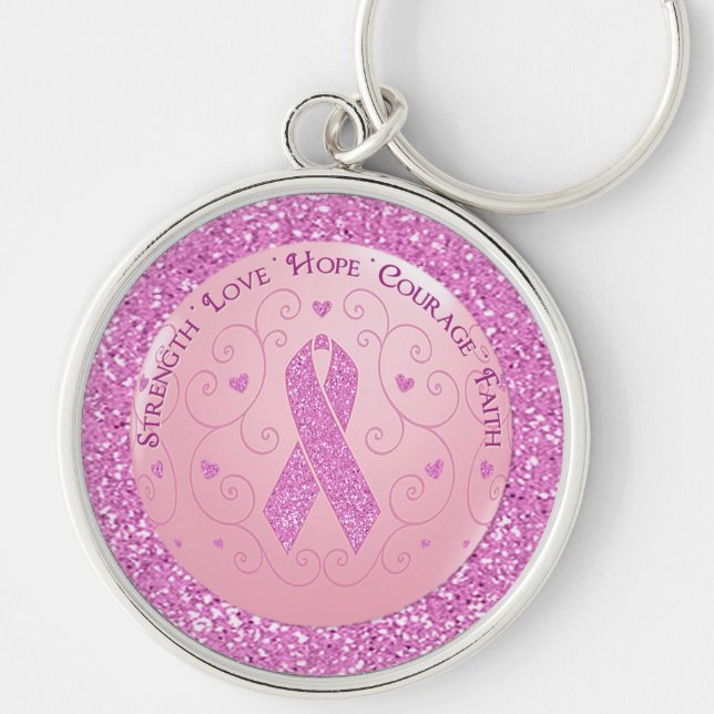 Breast Cancer Pink Ribbon Glitter Key Chain (Front)