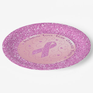 Breast Cancer Pink Ribbon Glitter Paper Plates