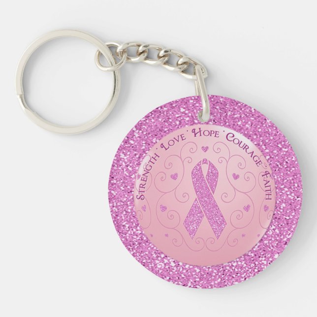 Breast Cancer Pink Ribbon Glitter Round Key Chain (Front)