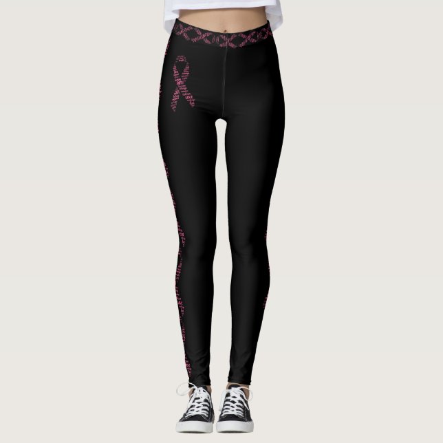 Breast Cancer Pink Ribbon Love Faith Cure Black Leggings (Front)