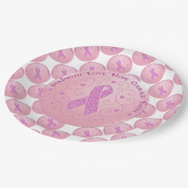 Breast Cancer Pink Ribbon Paper Plates (Angled)