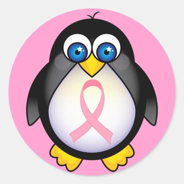 Breast Cancer Pink Ribbon Penguin Gift Classic Round Sticker (Front)