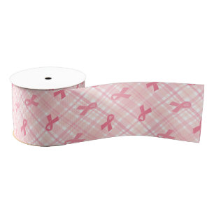 Breast Cancer Pink Ribbon Plaid Pattern Grosgrain Ribbon