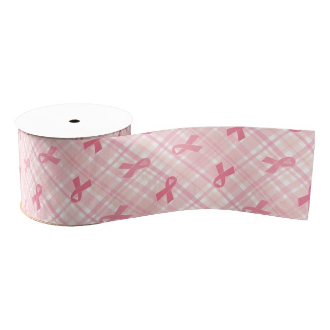 Breast Cancer Pink Ribbon Plaid Pattern Grosgrain Ribbon (Spool)