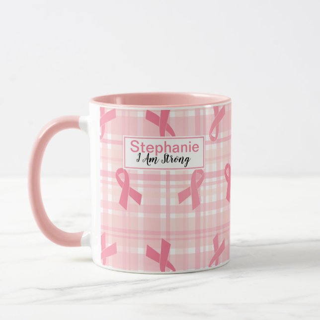 Breast Cancer Pink Ribbon Plaid Pattern Mug (Left)