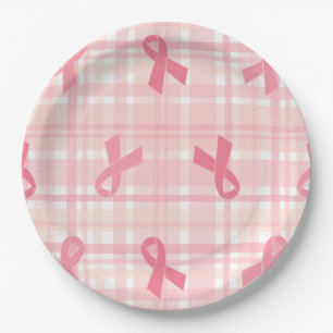 Breast Cancer Pink Ribbon Plaid Pattern Paper Plate