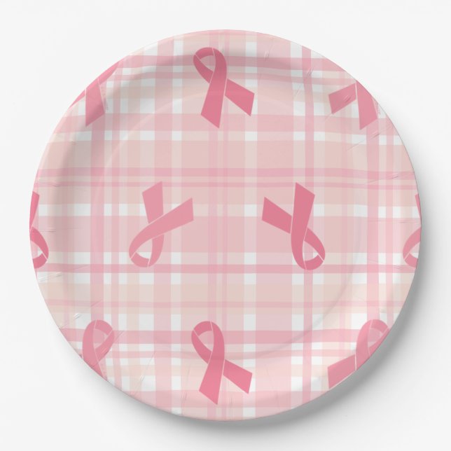Breast Cancer Pink Ribbon Plaid Pattern Paper Plate (Front)
