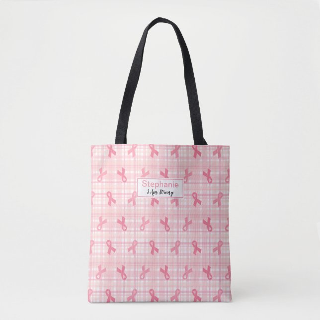 Breast Cancer Pink Ribbon Plaid Pattern Tote Bag (Front)