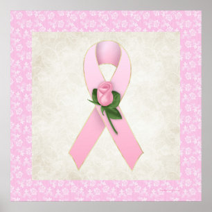 Breast Cancer Pink Ribbon with Pink Rose Poster