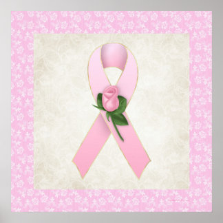 Breast Cancer Pink Ribbon with Pink Rose Poster