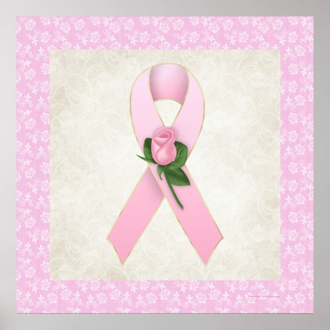 Breast Cancer Pink Ribbon with Pink Rose Poster (Front)