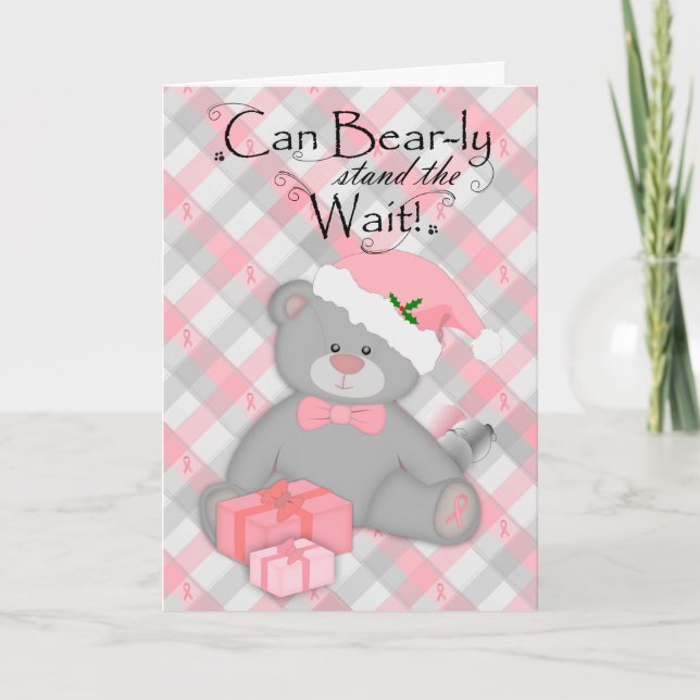 Breast Cancer Plaid Xmas Teddy Bear Holiday Card (Front)