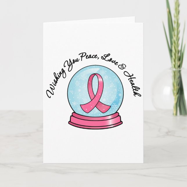 Breast Cancer Ribbon Merry Christmas Snowglobe Holiday Card (Front)