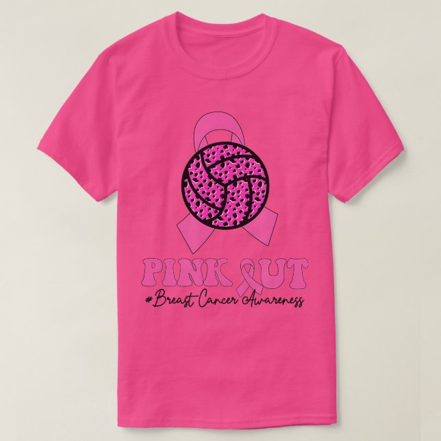 Breast Cancer Ribbon Pink Out Volleyball Pink Ribb T-Shirt (Design Front)