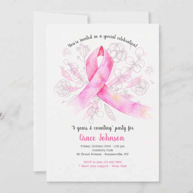 Breast Cancer Ribbon Watercolor Invitation (Front)